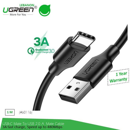 Ugreen, USB To USB-C 5V/3A Fast Cable (Black), Available in Different Sizes
