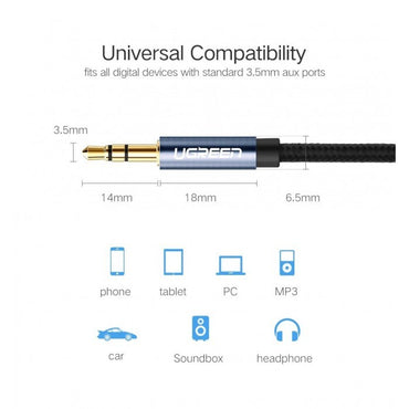 Ugreen, Hifi Aux Cable, 3.5Mm Male To 3.5Mm Male Braided Cable, Gold Plated, Metal Case, 1M