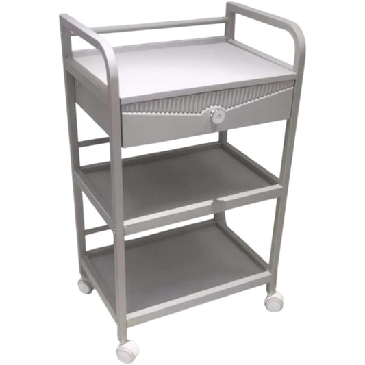 La Perla Tech, 3-Tier Rolling Salon Cart With Storage Drawer, Metal Frame, Wheels, Grey
