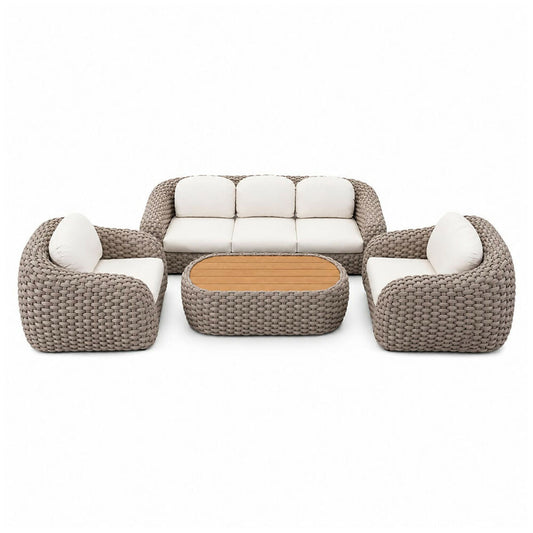 RIVA Outdoor 4-Piece Set, Includes: 1 Three-Seater Sofa, 2 Armchairs, 1 Coffee Table, Beige - Natural Wood, XXX-RIVASET