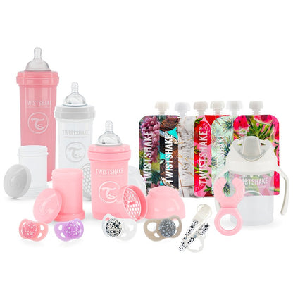 Twistshake, Bottle Bundle for Girls (Pink/Purple/White) promo pack. Anti-Colic Baby Bottle 180 mL, Anti-colic Baby Bottle 260 mL, Anti-colic Baby Bottle 330mL, 6x Squeeze Bags 220 mL, 2x Pacifier 6+ m, 2x Pacifier 0-6m, Mini Cup 230 mL, Teether Cooler, Pa
