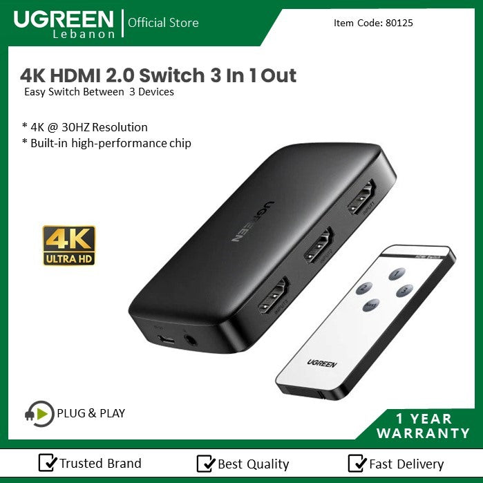 Ugreen, 4K Hdmi Switch 4 In 1 Out With Remote Control Ugreen Cm332 - 80125
