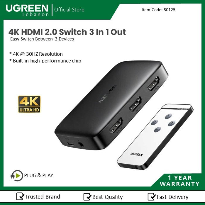 Ugreen, 4K Hdmi Switch 4 In 1 Out With Remote Control Ugreen Cm332 - 80125
