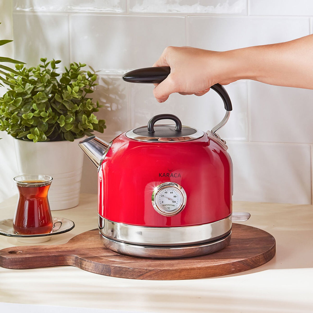 Karaca Retro Red Kettle 1.7 L, Quick Boil with LED Indicator, 153.03.06.2559