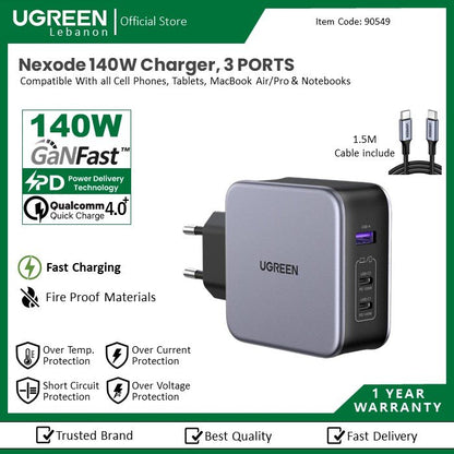 Ugreen, Nexode 140W Gan Tech 3 Ports Charger For Phone, Macbook & Laptop Ugreen Cd289 - 90549