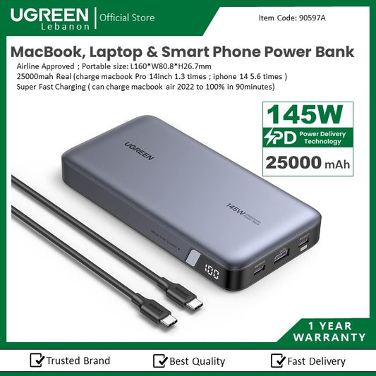 Ugreen, 145W Output Portable Power Bank Charger Compatible With Laptops, Macbook Pro/Air, Iphone, Samsung Etc .. Ugreen Pb205 - 90597A