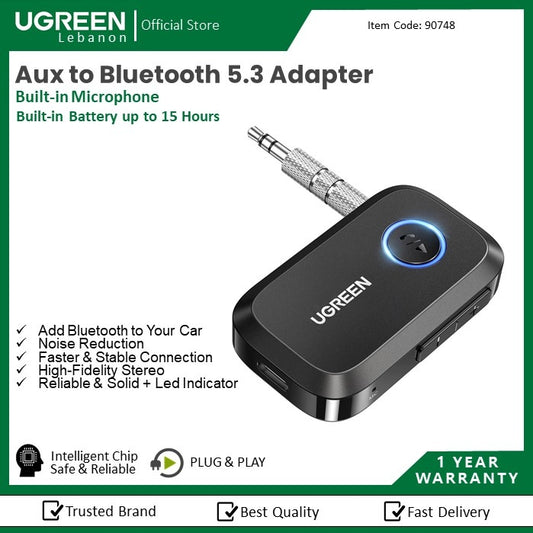Ugreen, Car & Home Bluetooth 5.0 Receiver Audio Adapter, Built-In Microphone, Built-In Battery Up To 15 Hours Ugreen Cm596- 90748