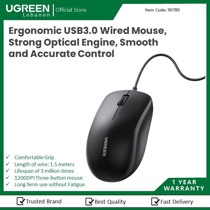 Ugreen, Usb Wired Mouse, Ergonomic Design, Smooth And Accurate Control, Special Chip & Stable Performance Ugreen Mu007 - 90789