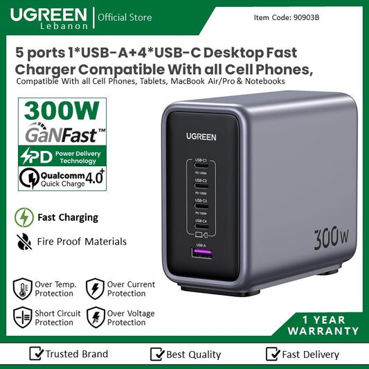 Ugreen, Nexode 300W Gan Tech 5 Ports Charger For Phone, Macbook & Laptop Ugreen Cd333 - 90903B