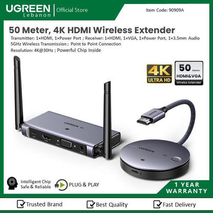 Ugreen, 4K Hdmi Wireless Extender, 50 Meters Long Distance, Hdmi & Vga-Receiver Ugreen Cm586 - 90909A