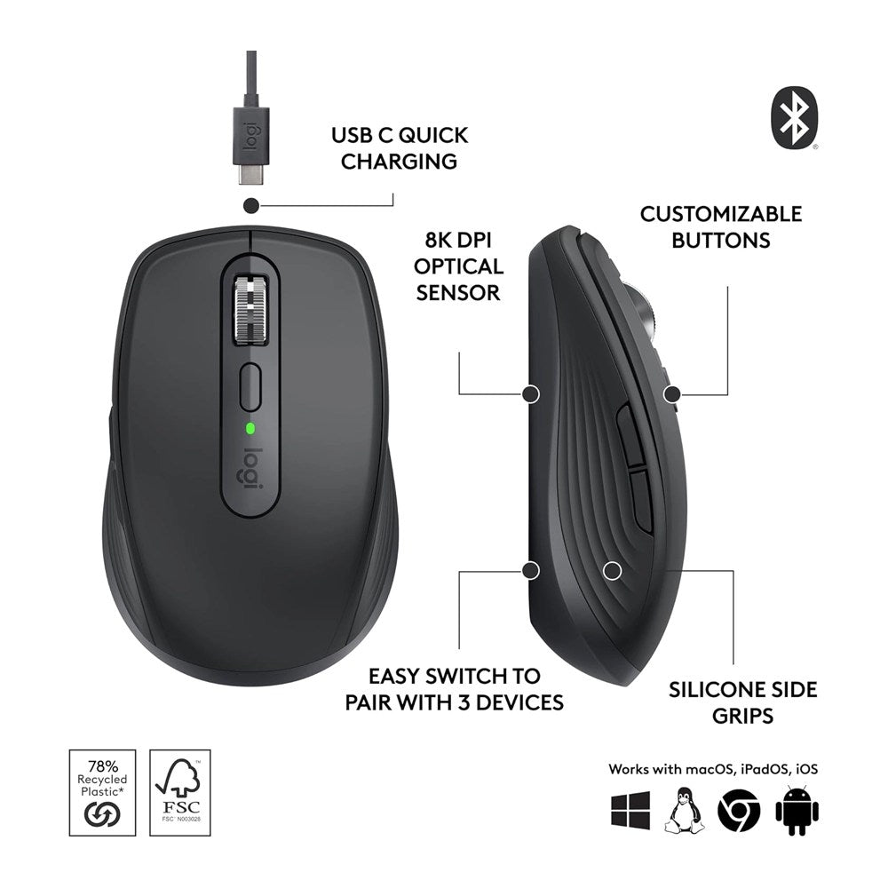 Logitech, Wireless/Bluetooth Mouse Mx Anywhere 3S 6 Buttons Graphite
