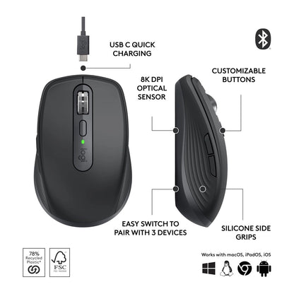 Logitech, Wireless/Bluetooth Mouse Mx Anywhere 3S 6 Buttons Graphite