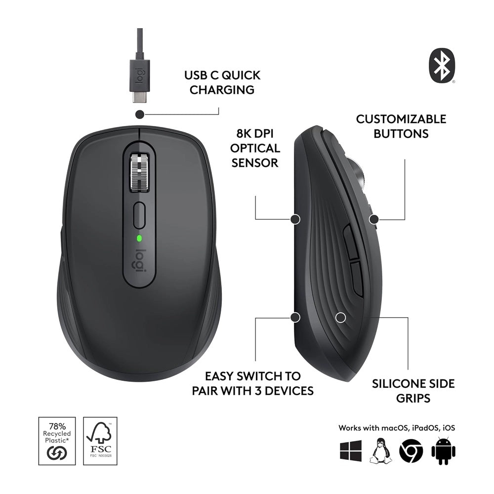 Logitech, Wireless/Bluetooth Mouse Mx Anywhere 3S 6 Buttons Graphite