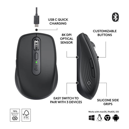 Logitech, Wireless/Bluetooth Mouse Mx Anywhere 3S 6 Buttons Graphite