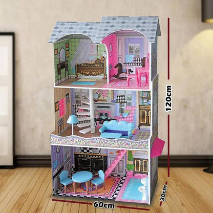 Wooden Girls Doll House 3 Level Kids Pretend Play Toys Furniture Set