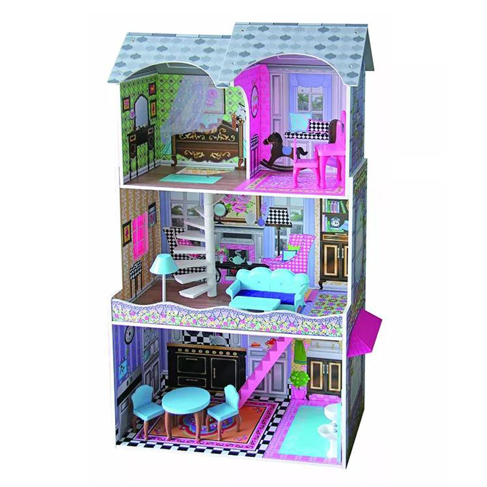 Wooden Girls Doll House 3 Level Kids Pretend Play Toys Furniture Set