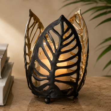 Karaca Home Timber Candle Holder 12 cm - Black Leaf Design, 300.23.01.0322