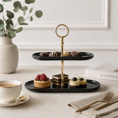 Karaca Calvin Ceramic Black Two Stand Cake Plate, 153.09.01.2696
