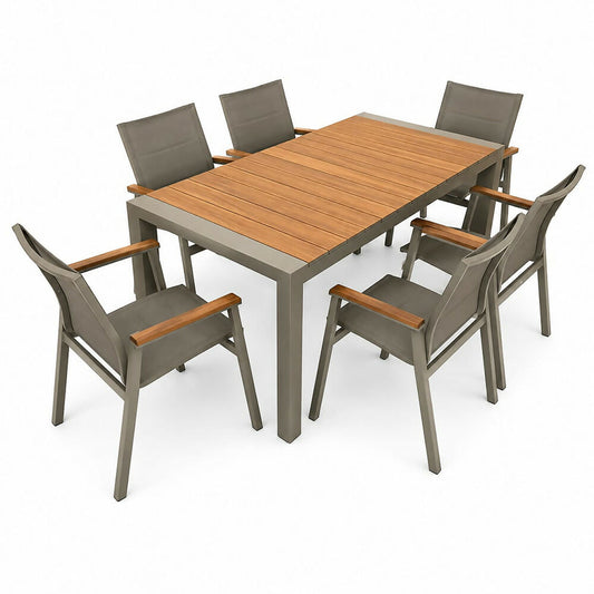 ENZO Outdoor Dining Table 168x90cm with Natural Wood Top & Aluminum Frame + 6-Piece Set Dining Chairs with Aluminum Frame with Natural Wood Armrests, XXX-ENZO+XXX-RCHNEXT