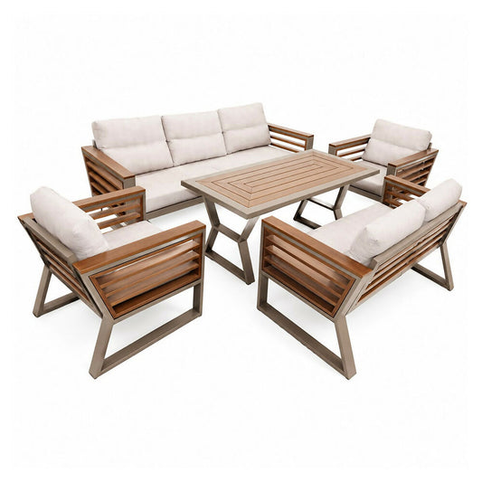 NIRVANA Outdoor 5-Piece Set, Includes: 1 Three-Seater Sofa, 1 Two-Seater Sofa, 2 Armchairs, 1 Coffee Table - Aluminum Frame with Natural Wood Details, XXX-NIRVANA