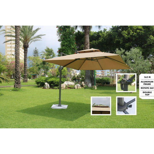 SK, Umbrella - 3x3m, Aluminum Frame, Rotate 360 Degree, Double Top Color, Off-Whhite + 4 Stones, PTR-2320