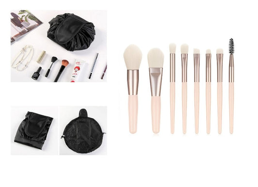Drawstring Foldable Makeup Bag Black & Mini Brush Set