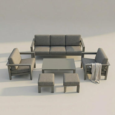 Outdoor Sofa Lounge Set (3-Seater + 2 Single Chairs) with Poufs & Table - Grey Aluminum Frame, AF4100