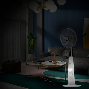 Akko Star, Rechargeable Stand Fan 16' Emergency Fan, Led Lights, Ac/Dc Operated, Up To 20 Hours On Battery, Built-In Usb Charger