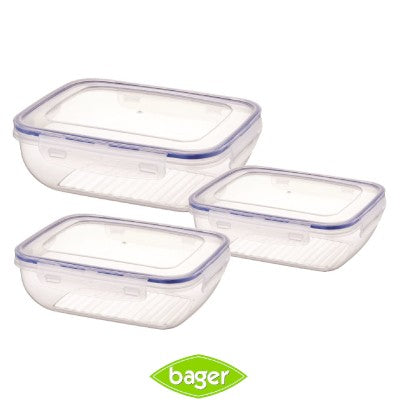 Bager, Cook&Lock Rectangular Storage Container 3 Pcs Set (350+650+1100 Ml) (Shallow)