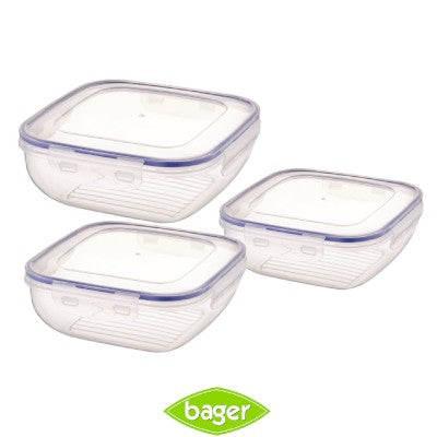 Bager, Cook&Lock Square Storage Container 3 Pcs Set (350+650+1100 Ml) (Shallow)