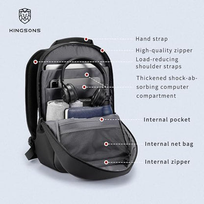 KINGSONS KS25458 18L Ergonomic Business Laptop Backpack, Waterproof, Scratch-Resistant Travel Commuter Bag Black