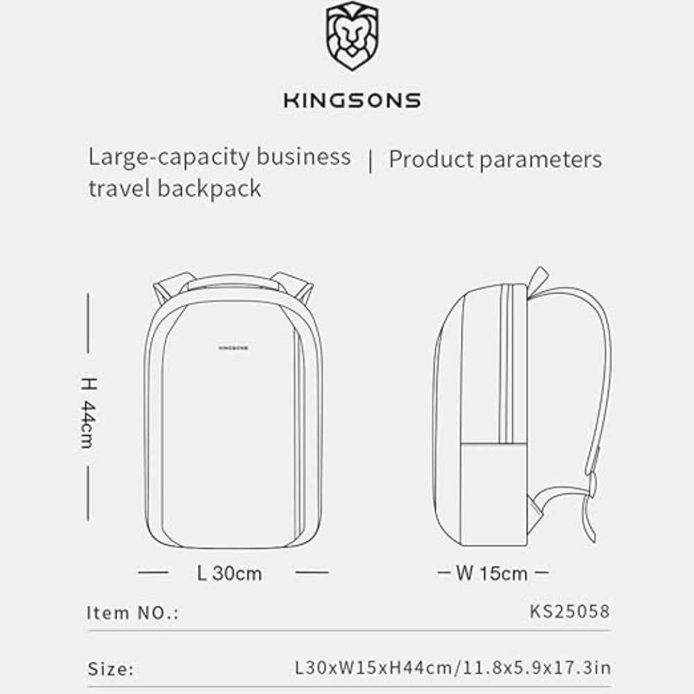 KINGSONS KS25458 18L Ergonomic Business Laptop Backpack, Waterproof, Scratch-Resistant Travel Commuter Bag Black