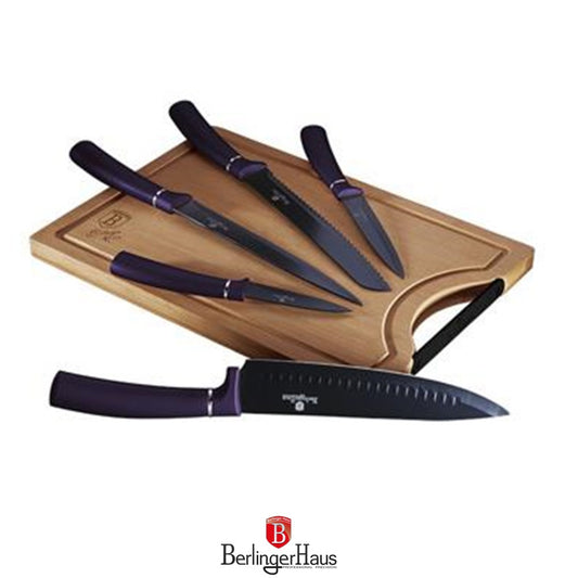 Berlinger Haus, 6 Pcs Knife Set With Bamboo Cutting Board, Purple Eclipse Collection