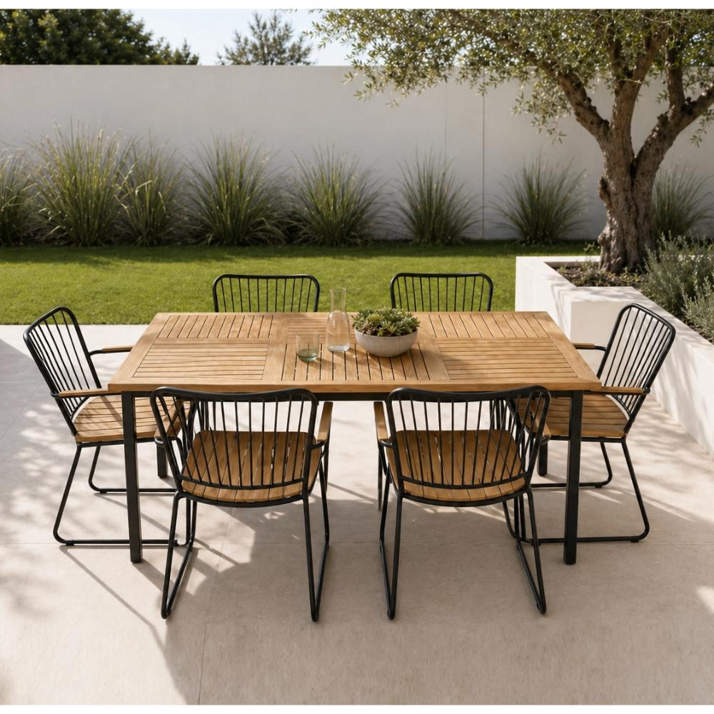 Outdoor Dining Set - Powder-Coated Table with 4 Steel & Wood Chairs, BH-101/1580492