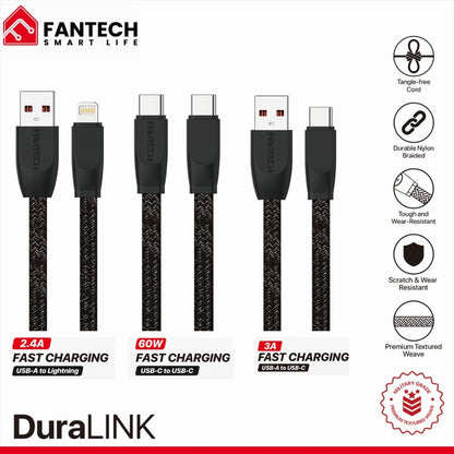 Fantech, Duralink Dl3 Braided Cable ? 1M, Durable & Fast Charging, Available in Different Models