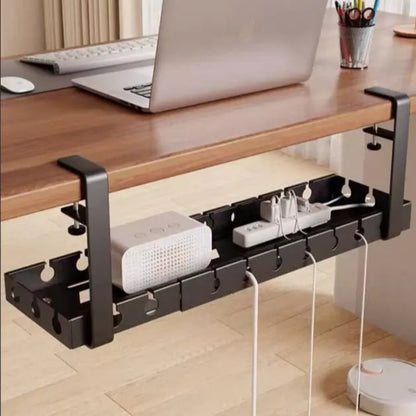 Under‑Desk Cable Management Tray 40×14×4 cm, Clamp‑Mount No‑Drill, Cable & Power Strip Organizer