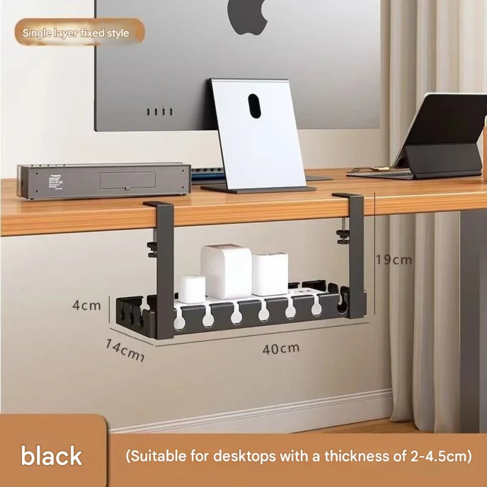 Under‑Desk Cable Management Tray 40×14×4 cm, Clamp‑Mount No‑Drill, Cable & Power Strip Organizer