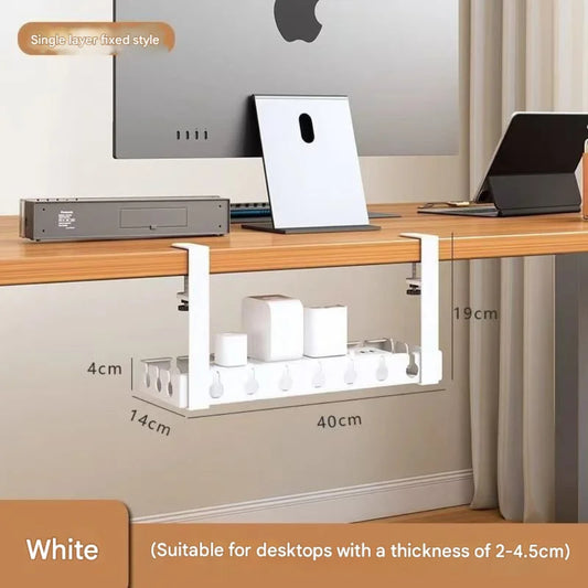 Under‑Desk Cable Management Tray 40×14×4 cm, Clamp‑Mount No‑Drill, Cable & Power Strip Organizer