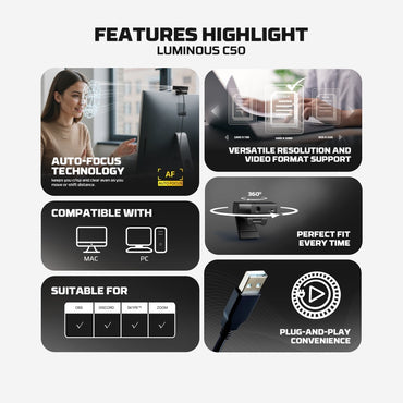 Fantech, C50 Luminos: Professional 2K Quad-Hd Webcam With Auto Focus, Support For 60Fps, Built-In Micro 3D Noise Cancellation