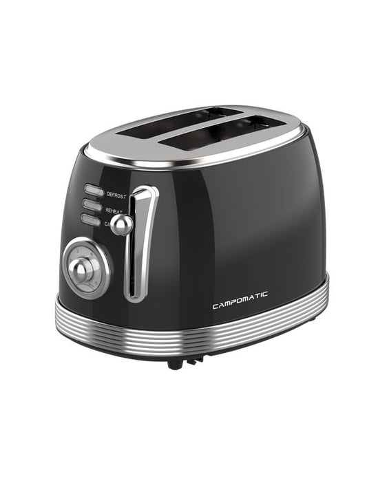 Campomatic, Toaster 2 Slices, Black Steel & Chrome Body, Cool Touch, 850W, Various Control, Crumb Tray
