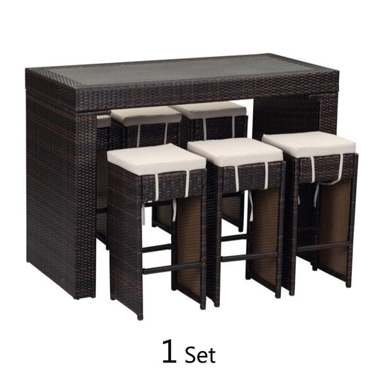Cool Gift, 7-Piece Rattan Chair Bar Patio Set with Off-white Cushions