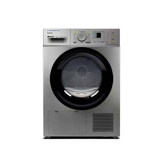 Campomatic Heat Pump Condenser Dryer 9Kg, 16Progs, Interior Light, Dual Lint Filter, Clean Filter Reminder, Humidity & Temperature  Sensors, Tinted Door, Silver, Consumption 2.8AMP, + FREE AF60M Campomatic Air Fryer, CD90HA+AF60M