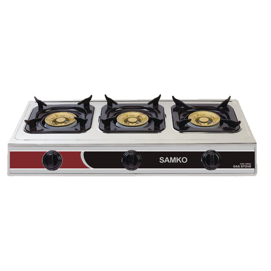 Samko, Stainless Steel Table Top Gas Cooker 3 Large Brass Burners Burner With Automatic Iginition