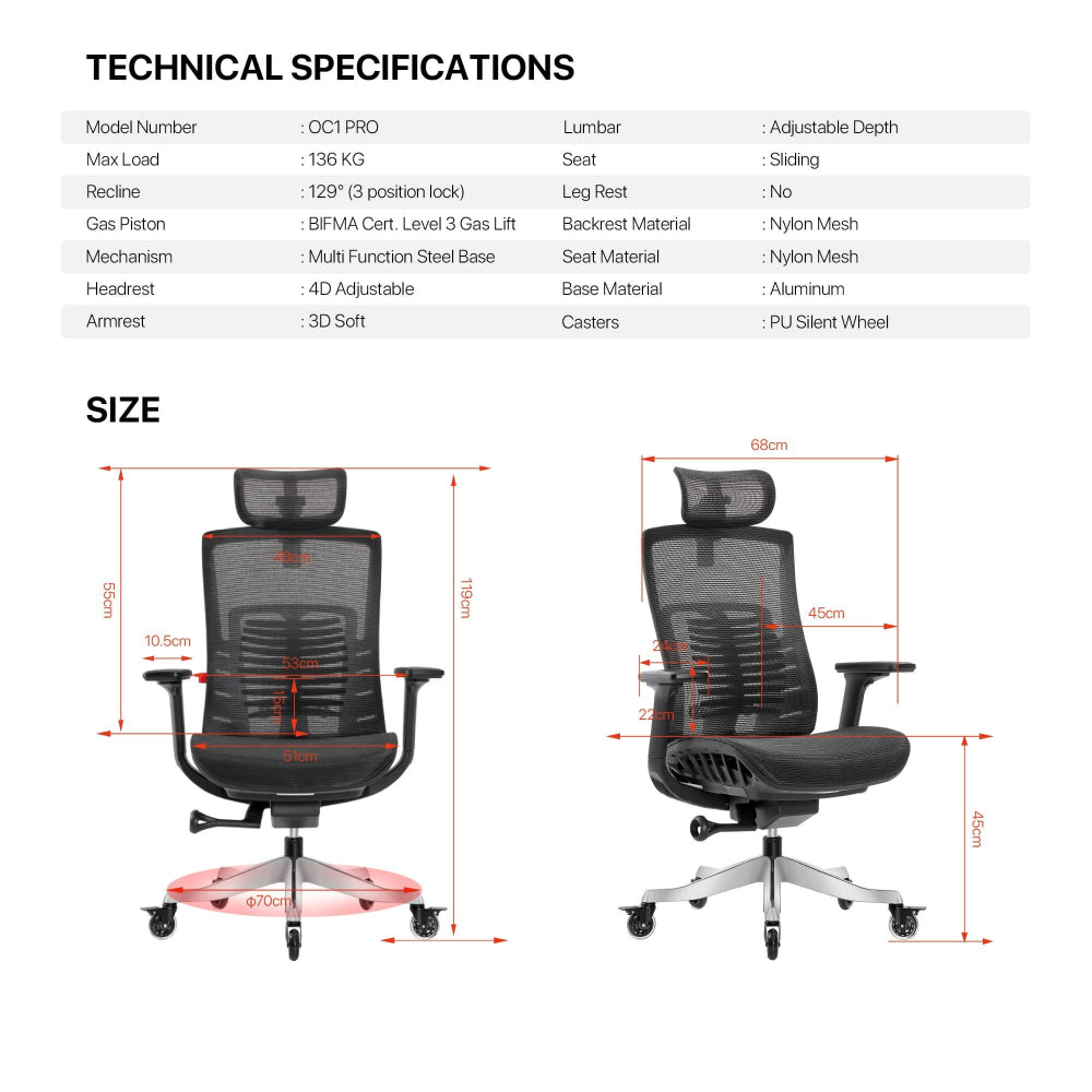 Fantech, OC1 PRO Professional Ergonomic Chair for All-Day Work Comfort Black, CHAIR D59