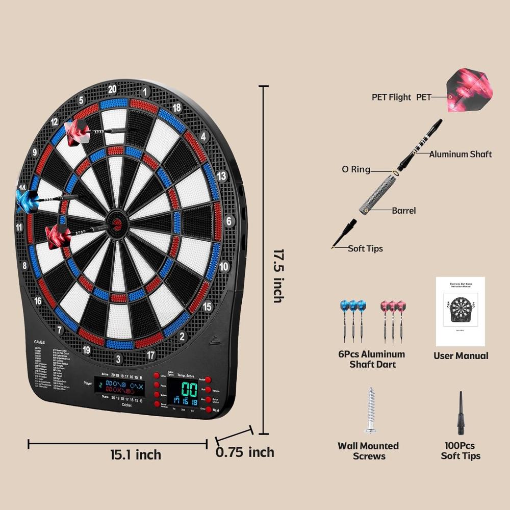 Electronic Dart Board, Digital Dartboard Soft Tip, 32 Games and 359 Variants with Colorful Cricket Display, 100 Soft Tips, Dart-6679
