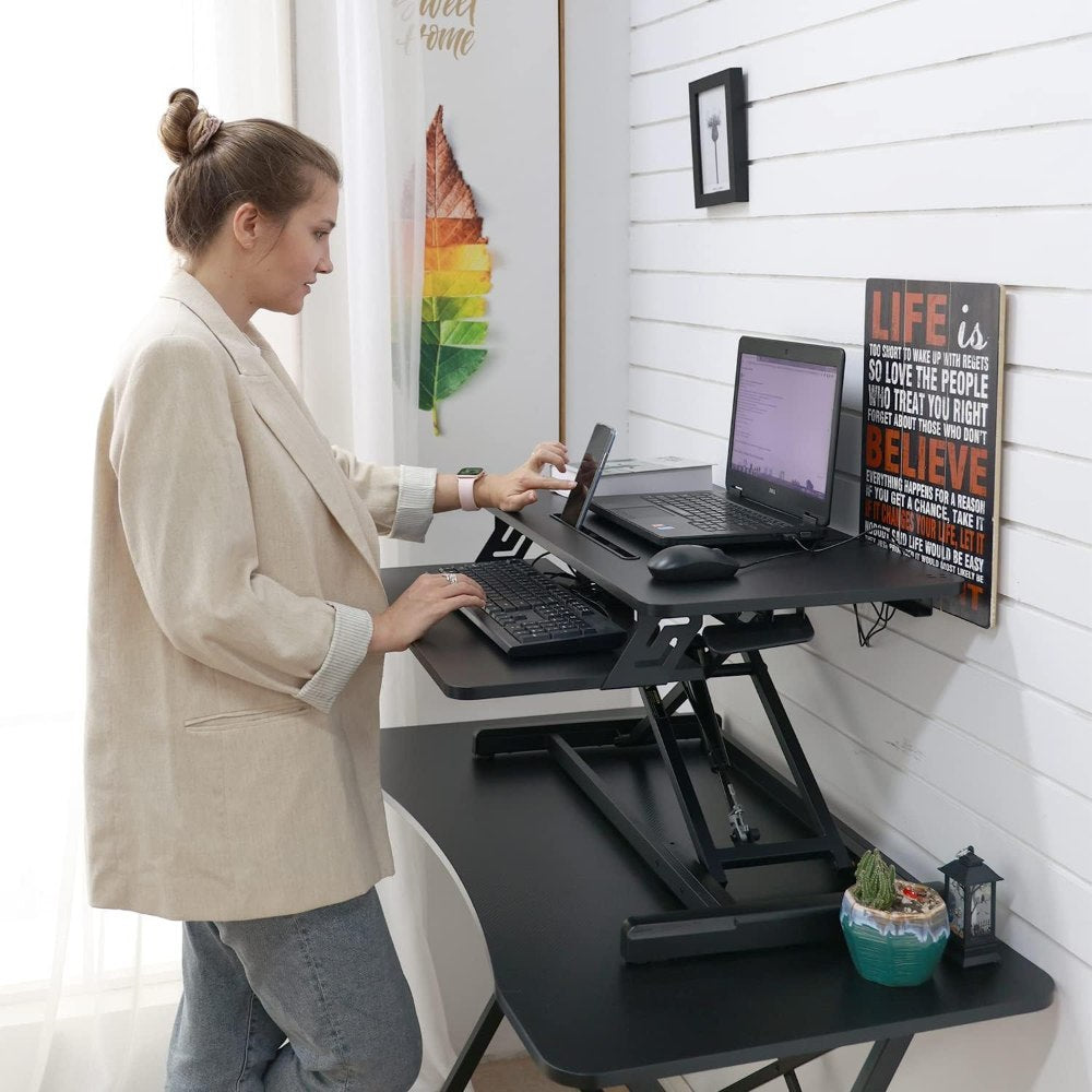 Adjustable Gas Spring Sit-Stand Desk Riser ? Ergonomic Height-Adjustable Workstation With Keyboard Tray And Large Surface