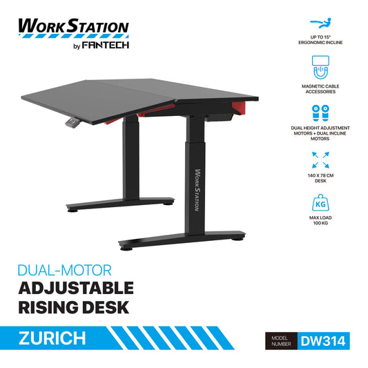 FANTECH Zurich DW314 Dual-Motor Standing Desk with 15°Ergonomic Tilt, Magnetic Cable Management & 100kg Load Heavy Duty Frame