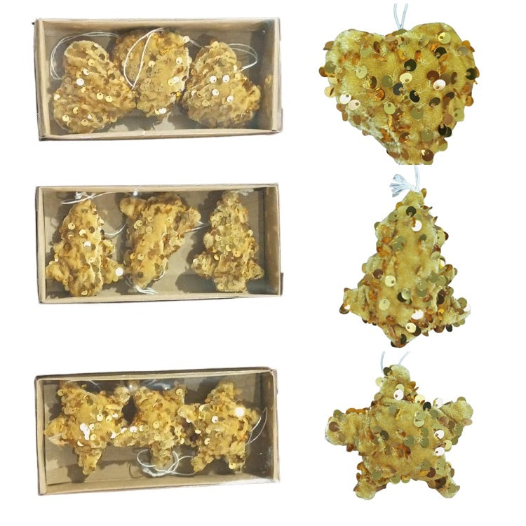 Christmas Set 3 Pcs Gold Sequin Hanging decorations in 3 ass. Designs