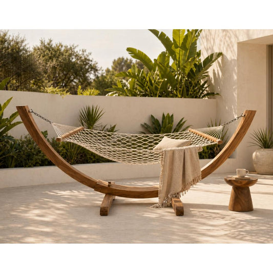 Freestanding Teak Wood Hammock with Curved Stand, E-ACC008