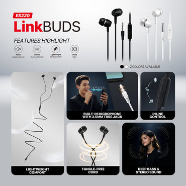 FANTECH ES220 LINKPODS Wired In?Ear Headphones with Mic, 10mm Drivers, 3.5mm TRRS, Noise-Isolating, Deep Bass